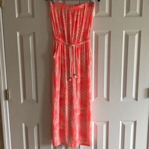 GAP Strapless Neon Pink Leaf Pattern Maxi Dress Size XS